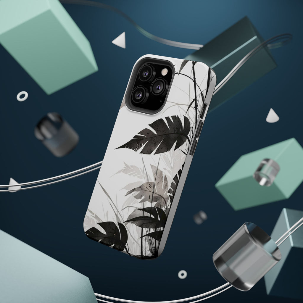 Tropical Monstera Magnetic Impact Phone Case — Black & White Leaf Design