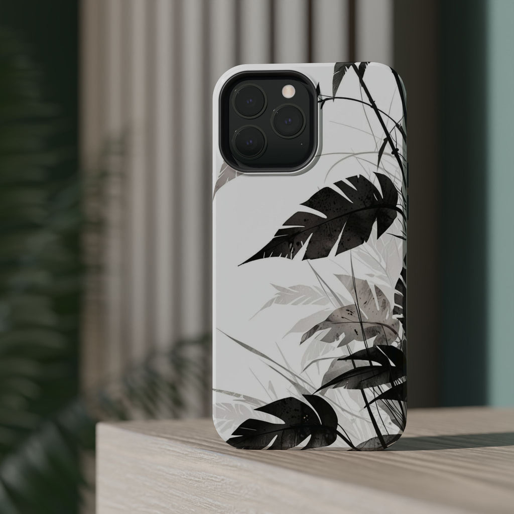Tropical Monstera Magnetic Impact Phone Case — Black & White Leaf Design