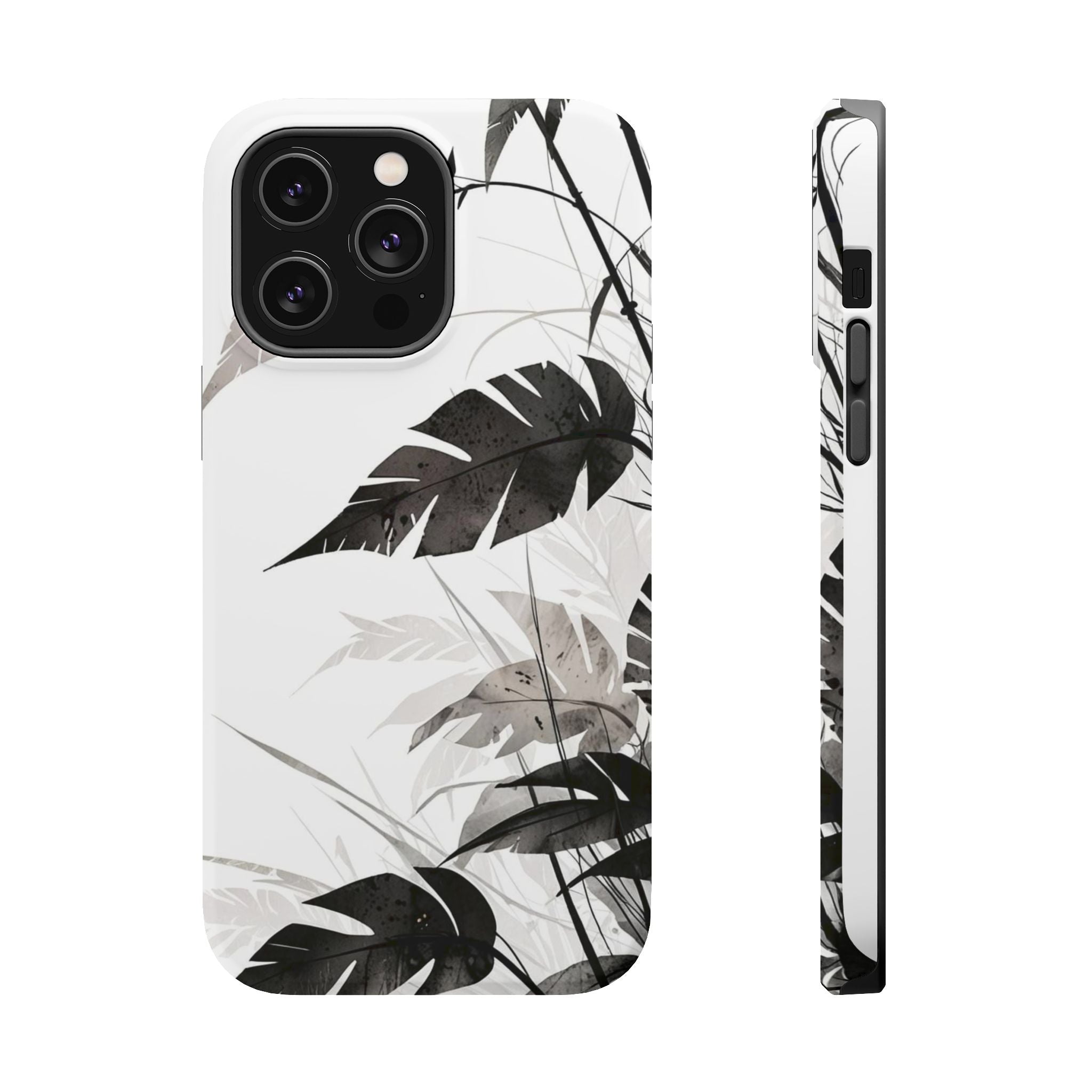 Tropical Monstera Magnetic Impact Phone Case — Black & White Leaf Design