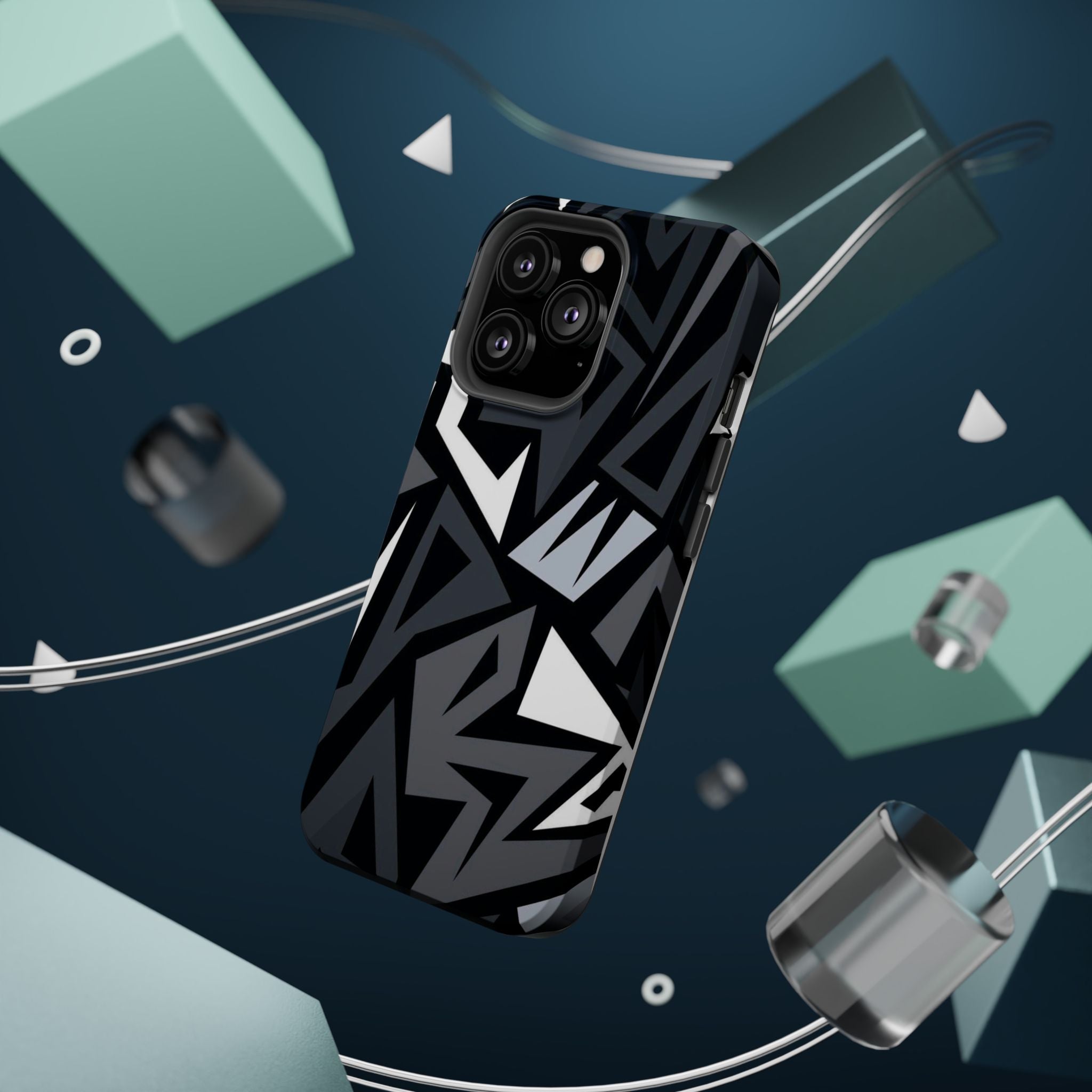 Impact-Resistant Magnetic Phone Case — Black & Gray Geometric Armor