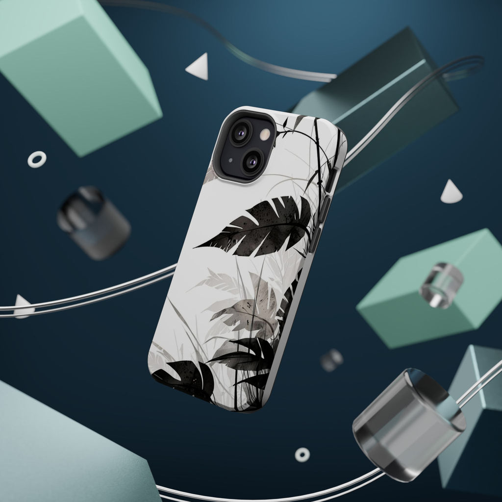 Tropical Monstera Magnetic Impact Phone Case — Black & White Leaf Design