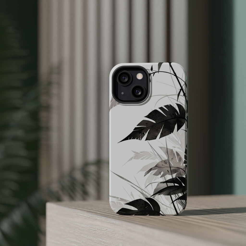 Tropical Monstera Magnetic Impact Phone Case — Black & White Leaf Design