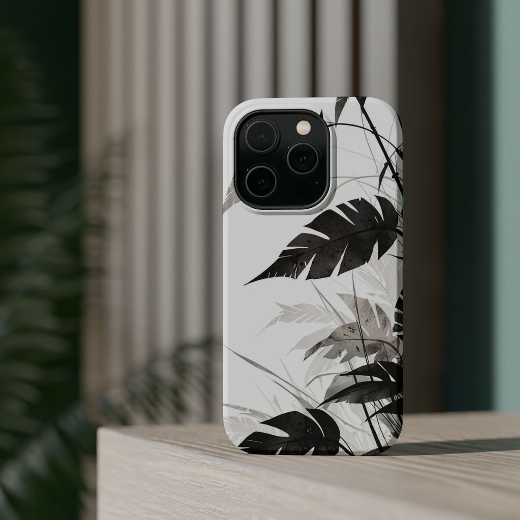 Tropical Monstera Magnetic Impact Phone Case — Black & White Leaf Design