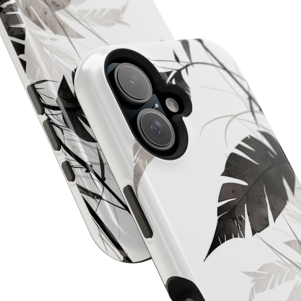 Tropical Monstera Magnetic Impact Phone Case — Black & White Leaf Design