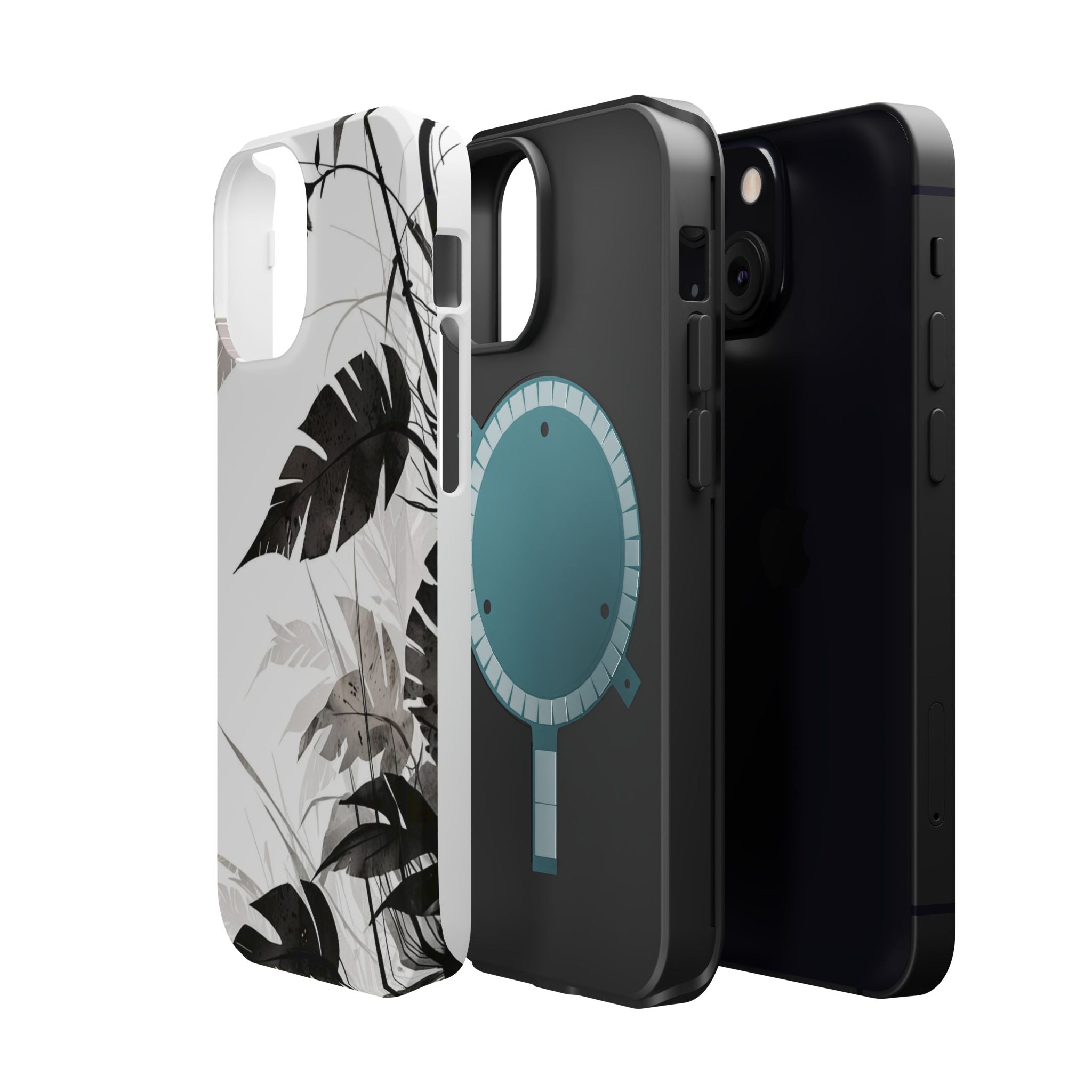 Tropical Monstera Magnetic Impact Phone Case — Black & White Leaf Design