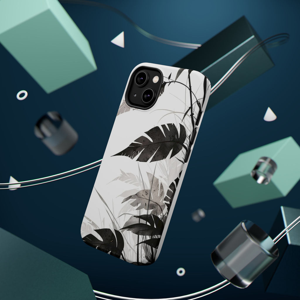 Tropical Monstera Magnetic Impact Phone Case — Black & White Leaf Design