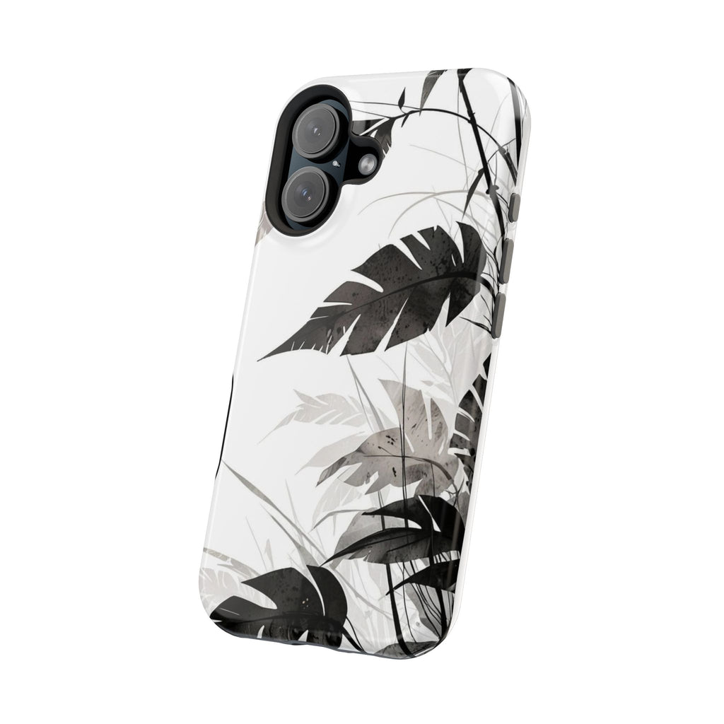 Tropical Monstera Magnetic Impact Phone Case — Black & White Leaf Design