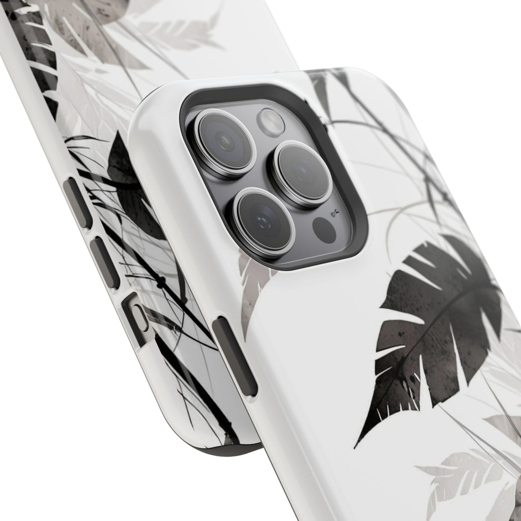 Tropical Monstera Magnetic Impact Phone Case — Black & White Leaf Design