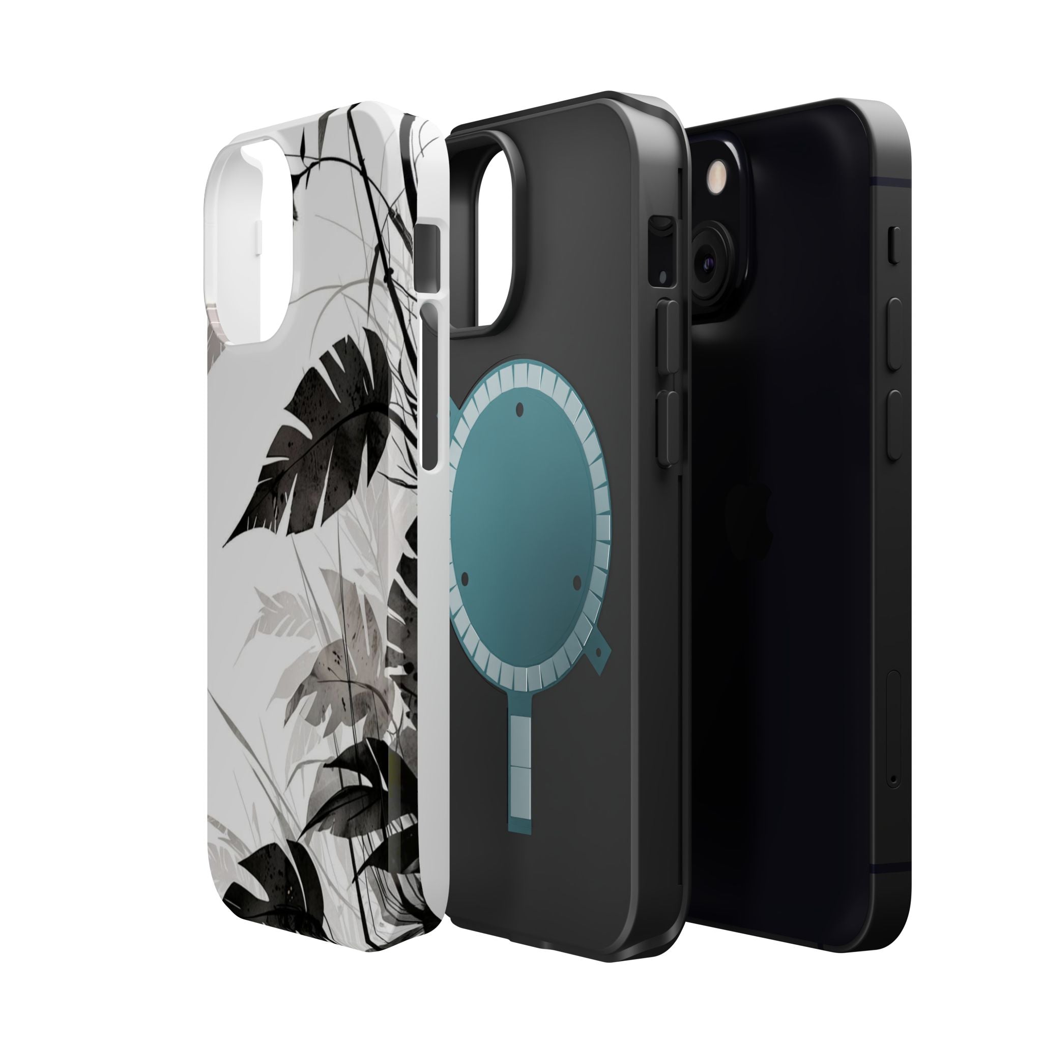 Tropical Monstera Magnetic Impact Phone Case — Black & White Leaf Design