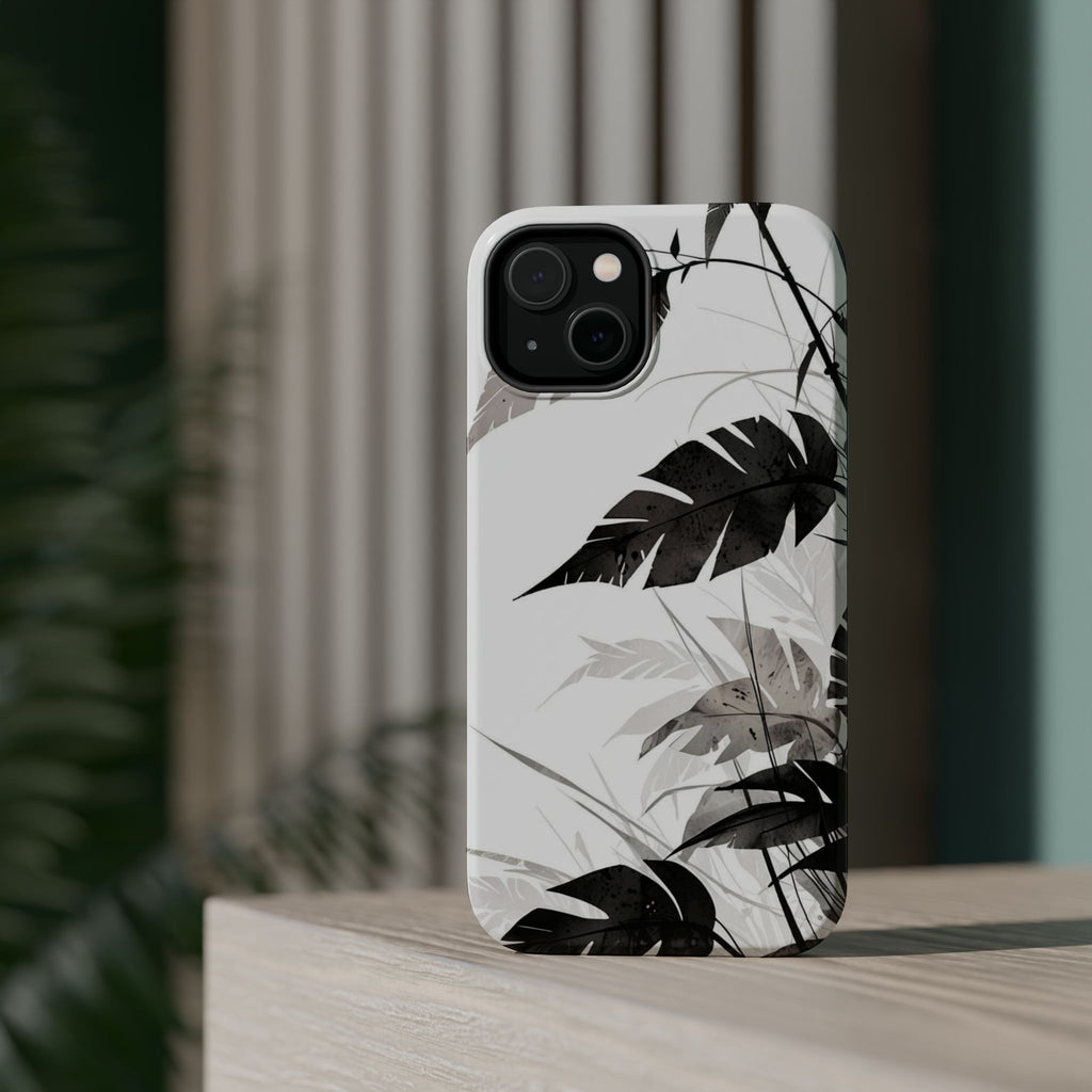 Tropical Monstera Magnetic Impact Phone Case — Black & White Leaf Design