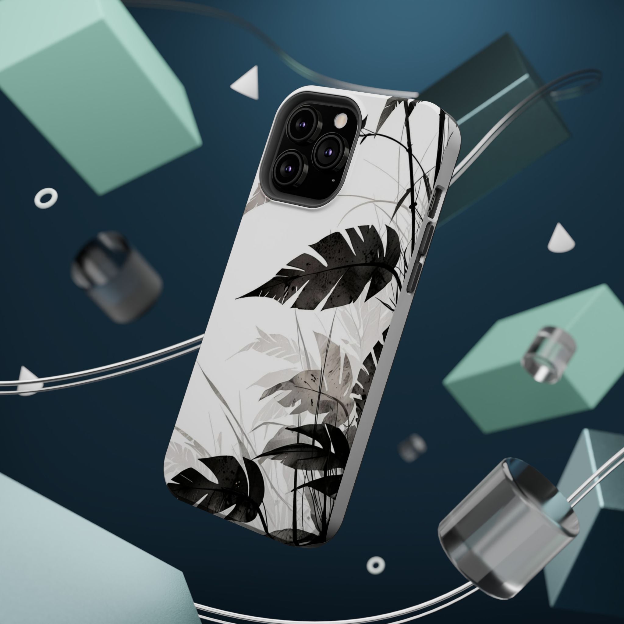 Tropical Monstera Magnetic Impact Phone Case — Black & White Leaf Design
