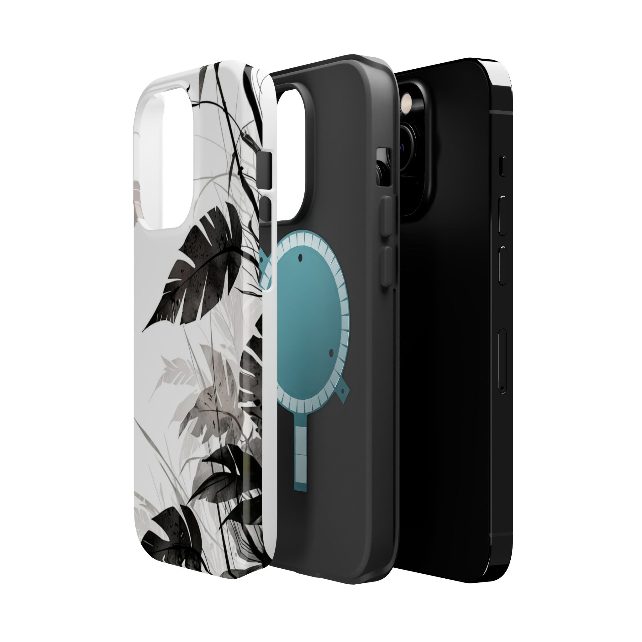 Tropical Monstera Magnetic Impact Phone Case — Black & White Leaf Design