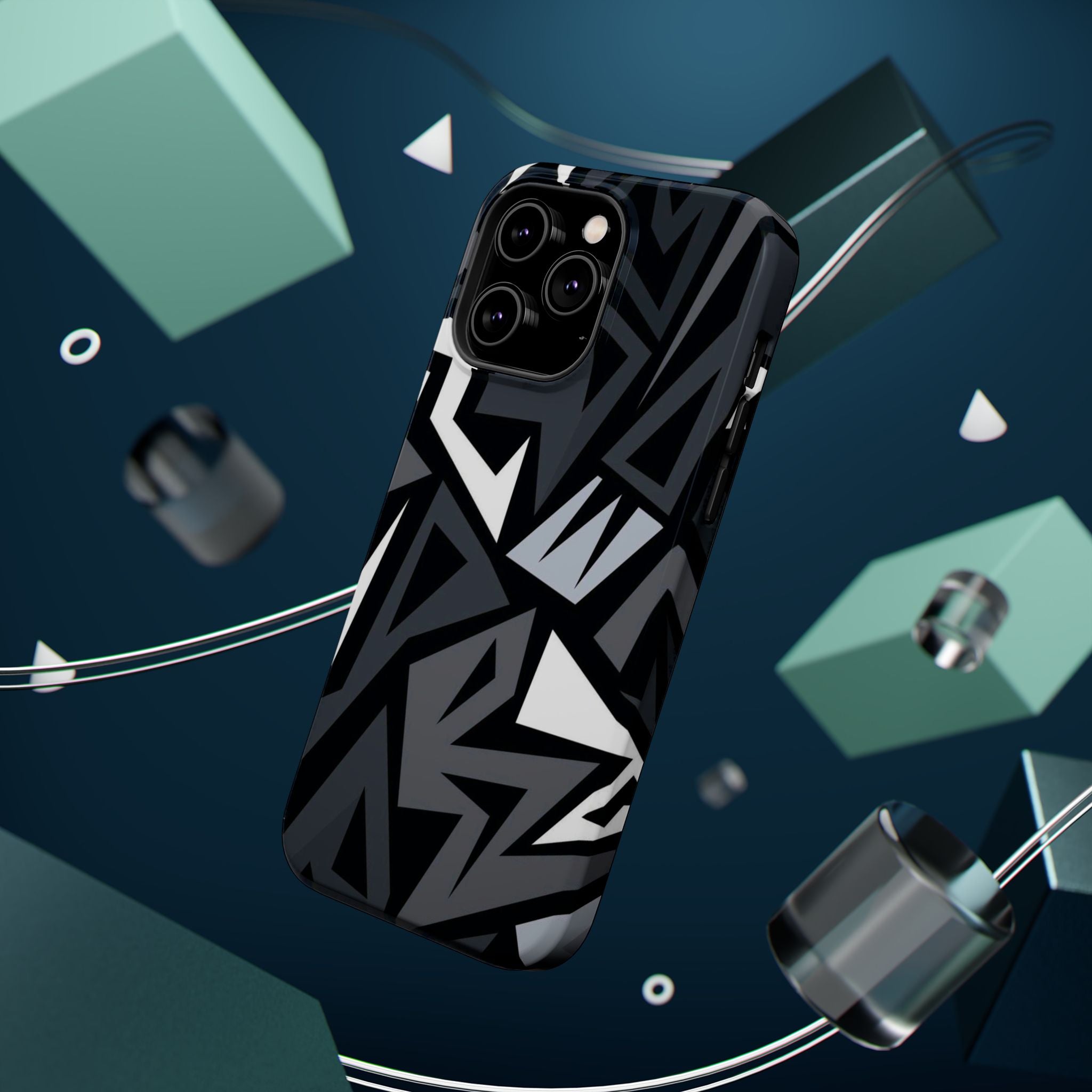 Impact-Resistant Magnetic Phone Case — Black & Gray Geometric Armor