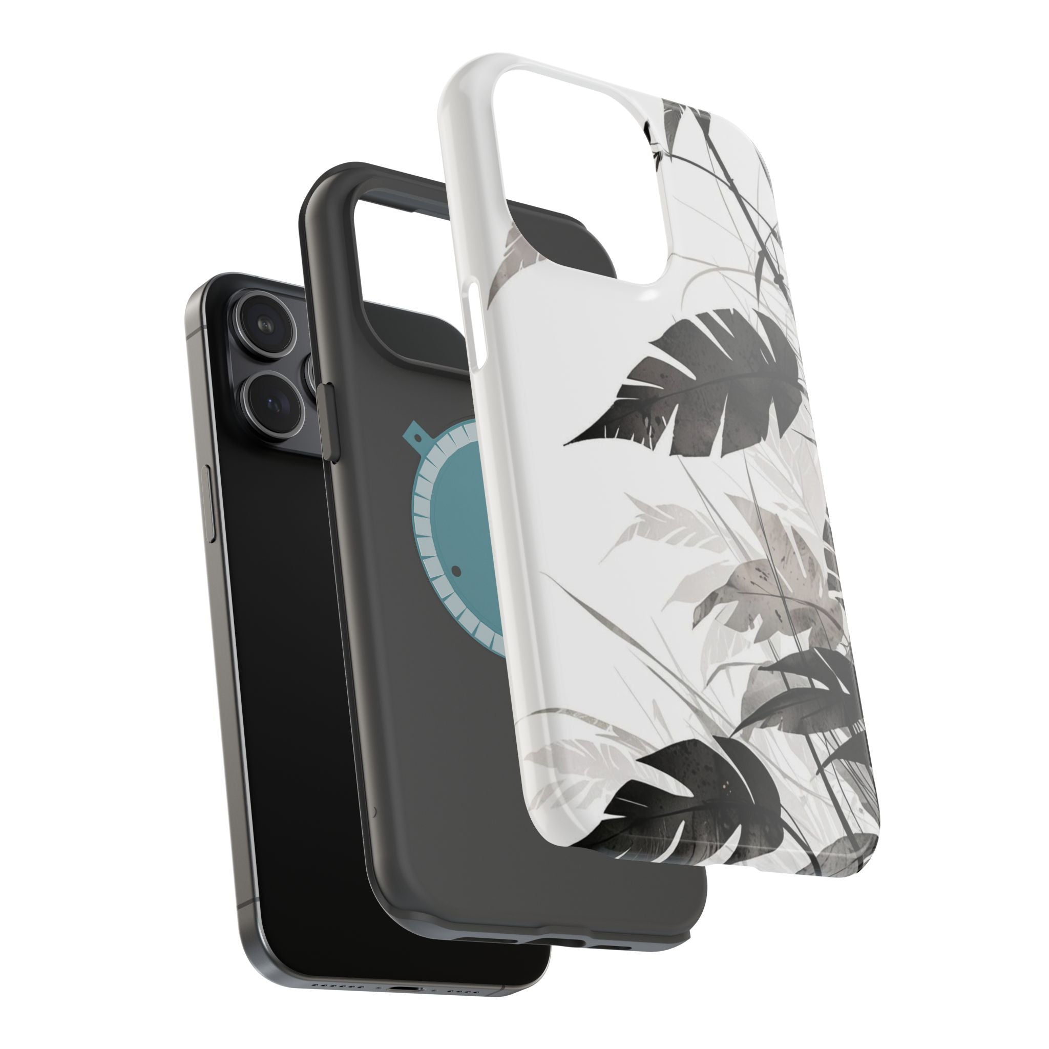 Tropical Monstera Magnetic Impact Phone Case — Black & White Leaf Design