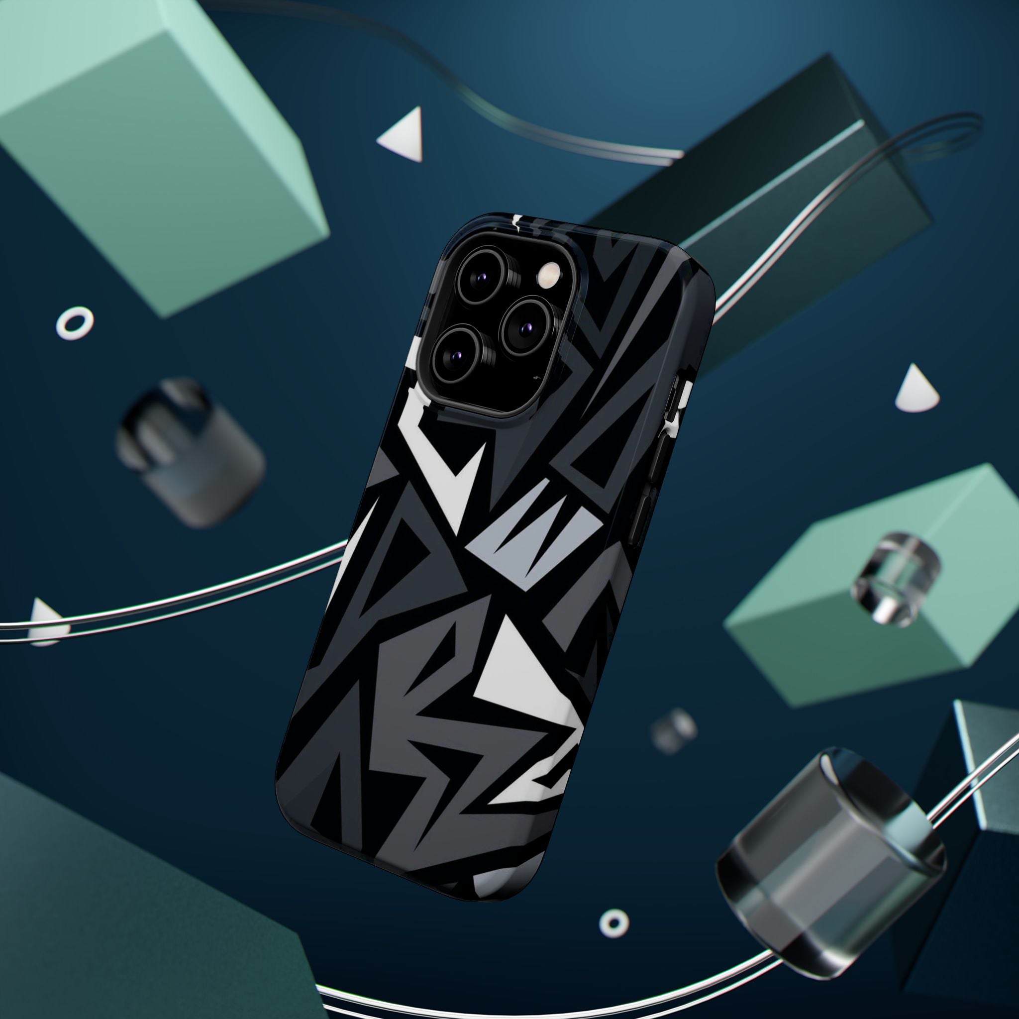 Impact-Resistant Magnetic Phone Case — Black & Gray Geometric Armor