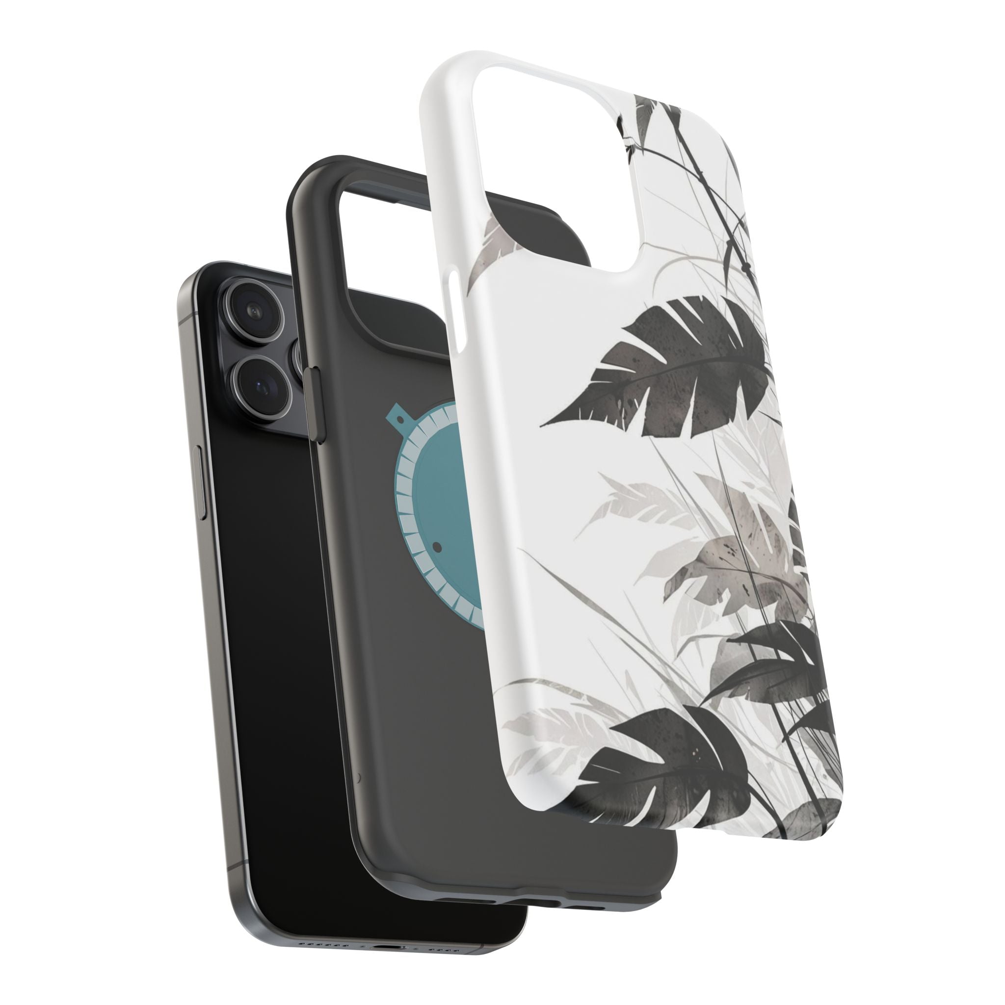 Tropical Monstera Magnetic Impact Phone Case — Black & White Leaf Design