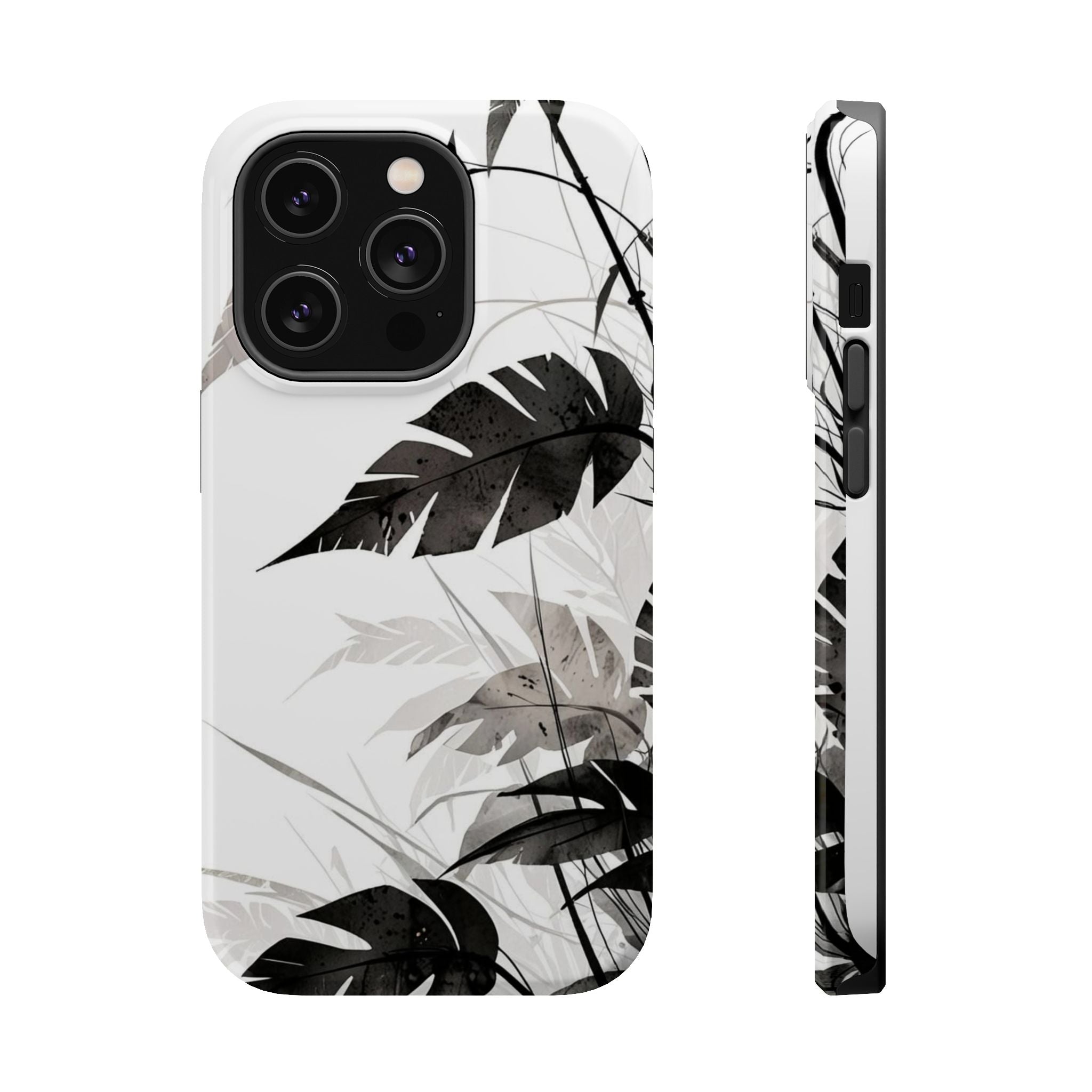Tropical Monstera Magnetic Impact Phone Case — Black & White Leaf Design