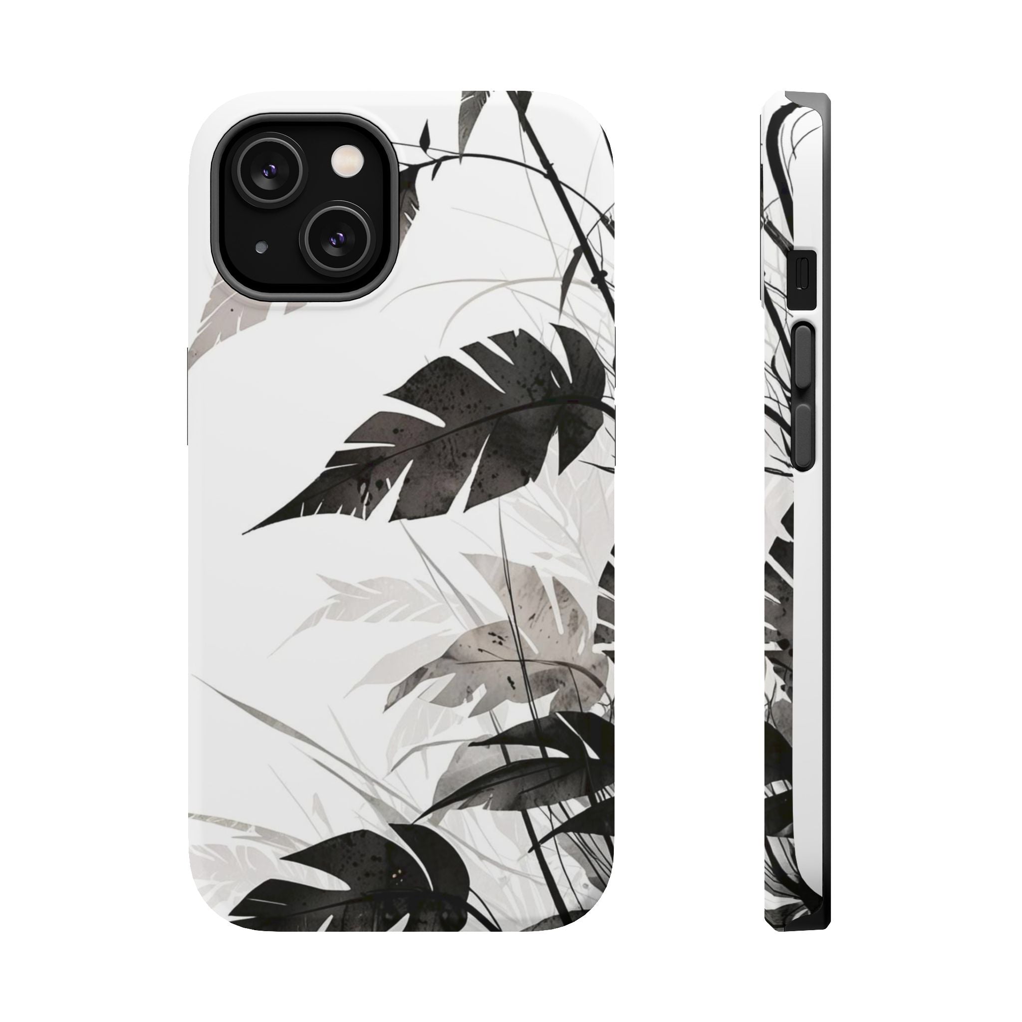 Tropical Monstera Magnetic Impact Phone Case — Black & White Leaf Design