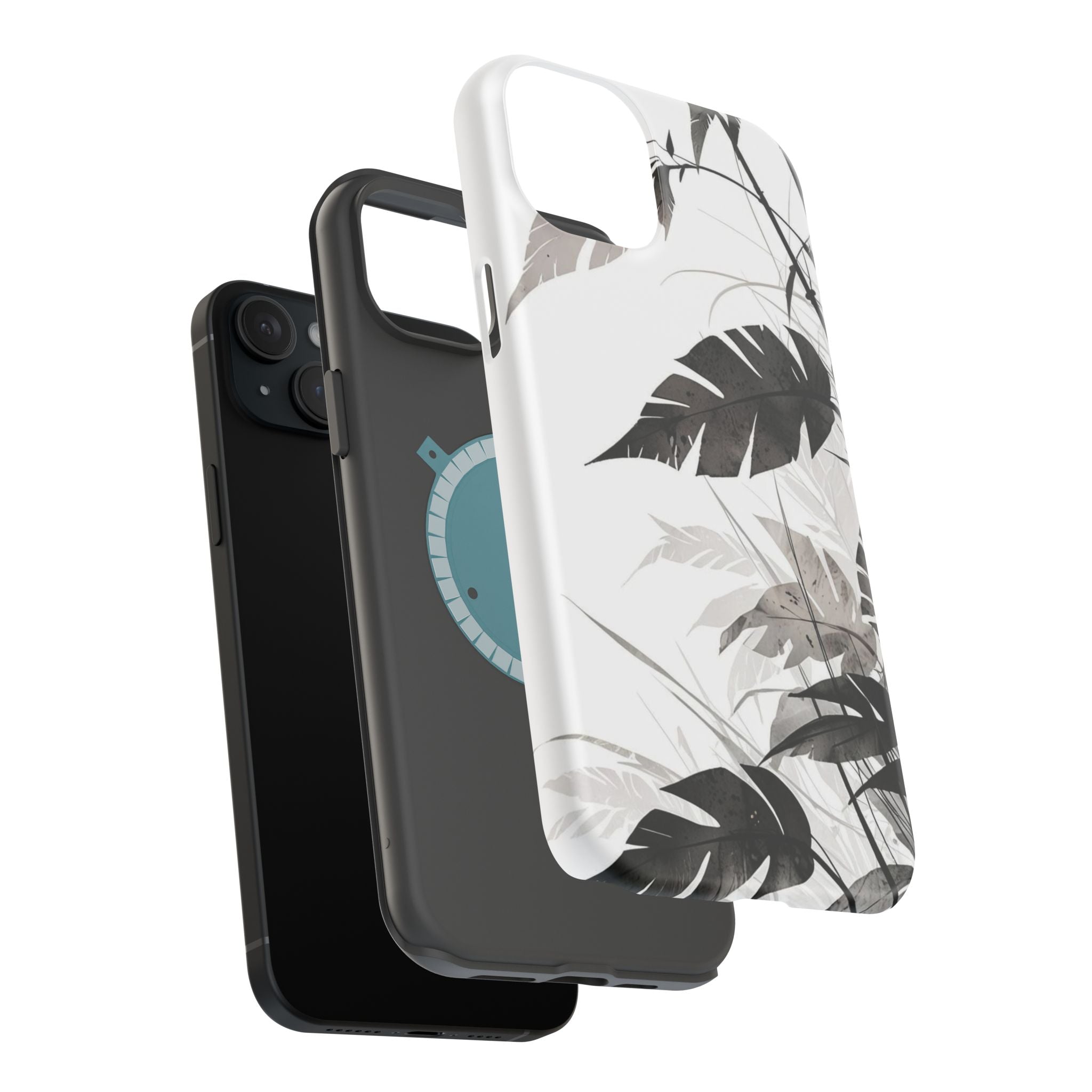 Tropical Monstera Magnetic Impact Phone Case — Black & White Leaf Design
