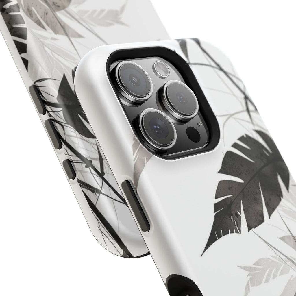 Tropical Monstera Magnetic Impact Phone Case — Black & White Leaf Design
