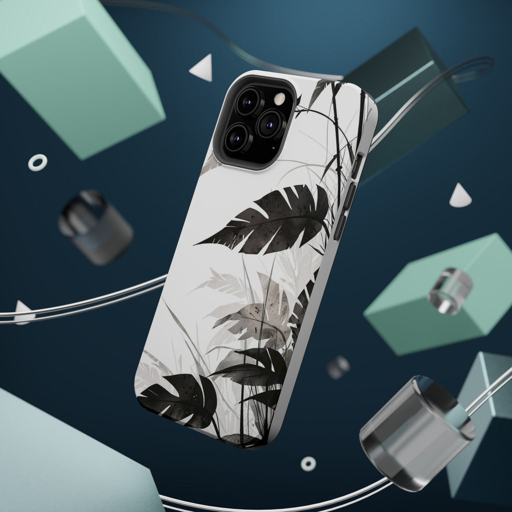 Tropical Monstera Magnetic Impact Phone Case — Black & White Leaf Design