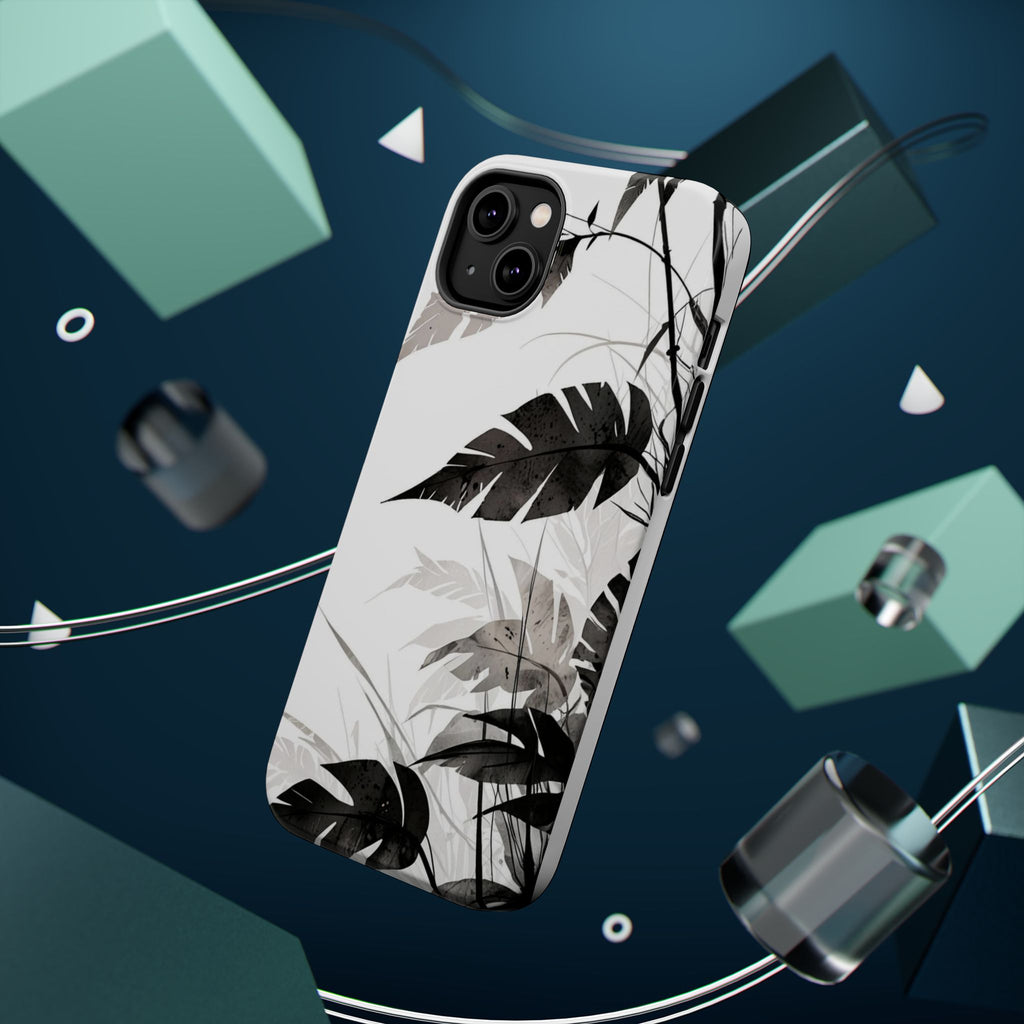 Tropical Monstera Magnetic Impact Phone Case — Black & White Leaf Design
