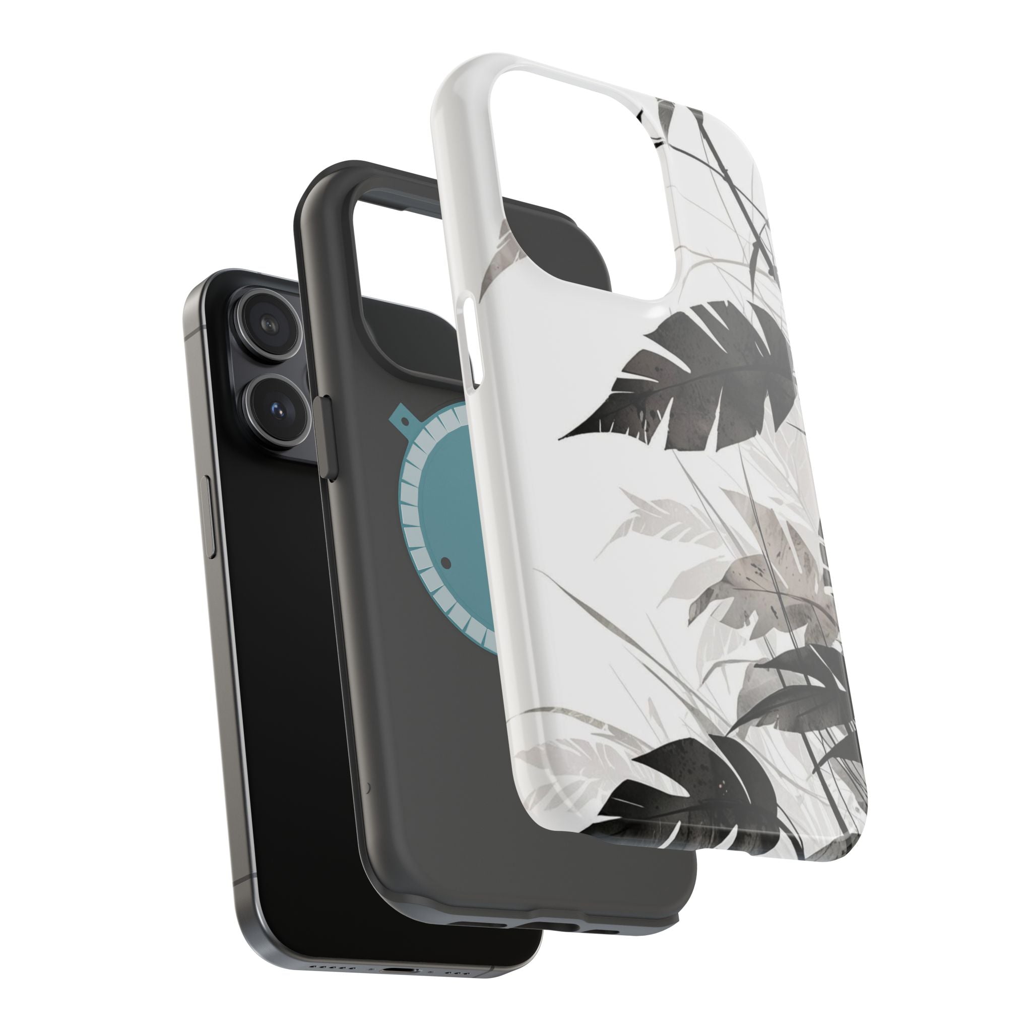 Tropical Monstera Magnetic Impact Phone Case — Black & White Leaf Design