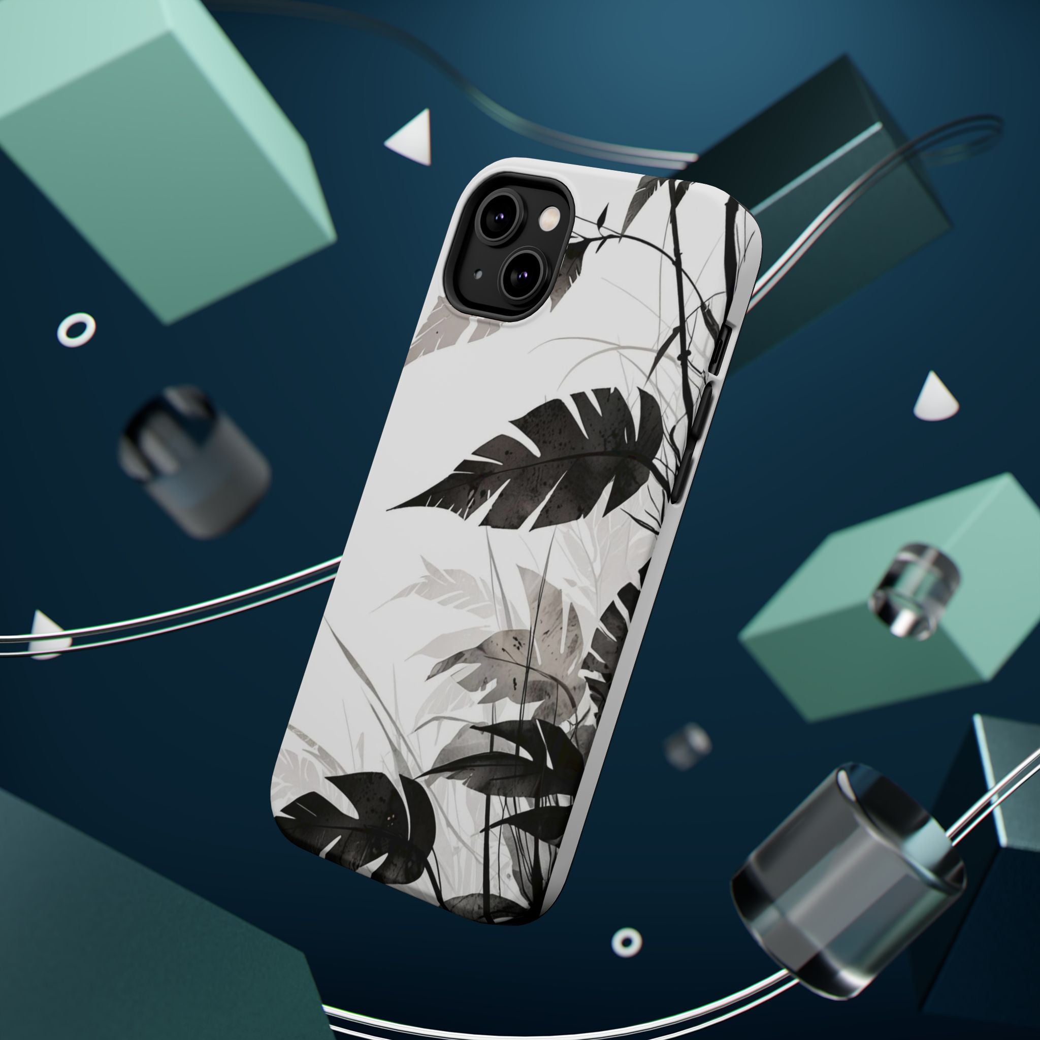Tropical Monstera Magnetic Impact Phone Case — Black & White Leaf Design