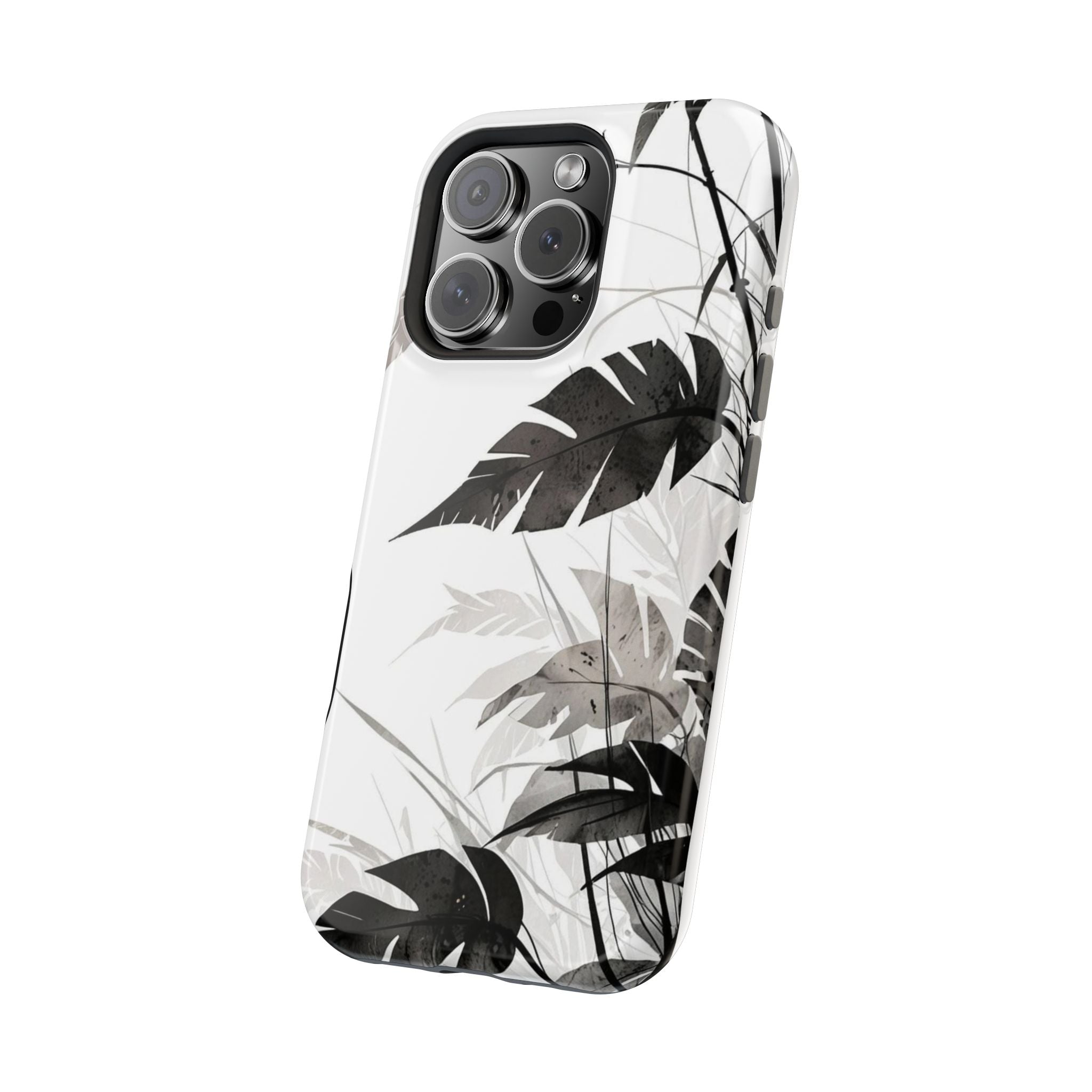 Tropical Monstera Magnetic Impact Phone Case — Black & White Leaf Design