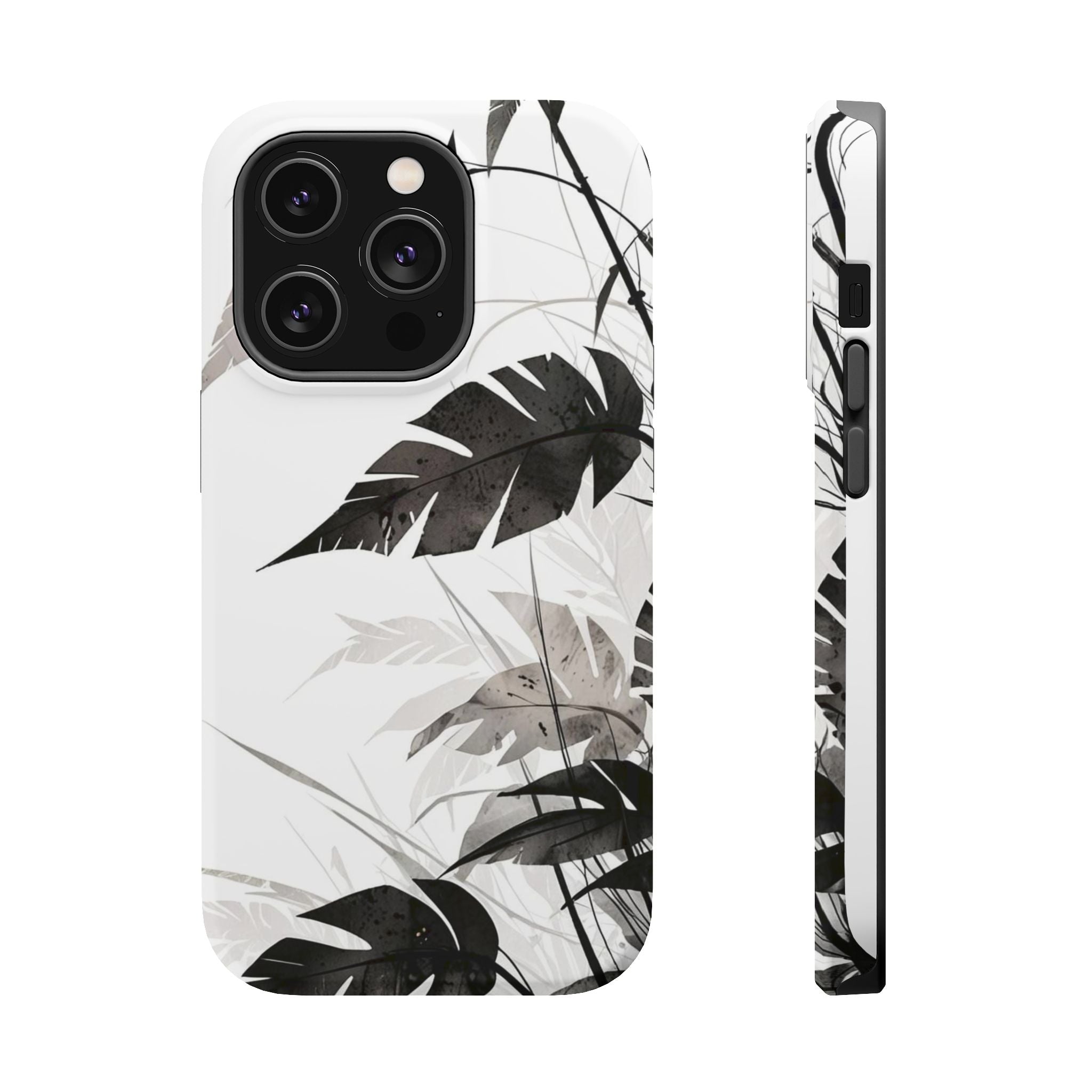 Tropical Monstera Magnetic Impact Phone Case — Black & White Leaf Design