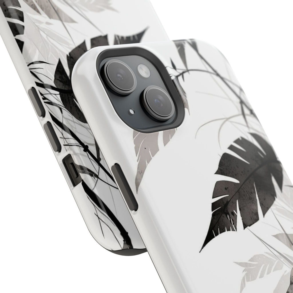 Tropical Monstera Magnetic Impact Phone Case — Black & White Leaf Design