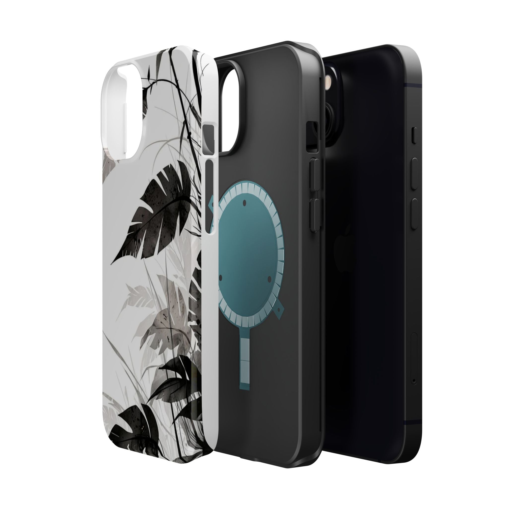 Tropical Monstera Magnetic Impact Phone Case — Black & White Leaf Design