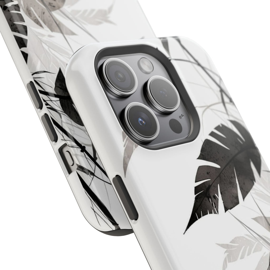 Tropical Monstera Magnetic Impact Phone Case — Black & White Leaf Design