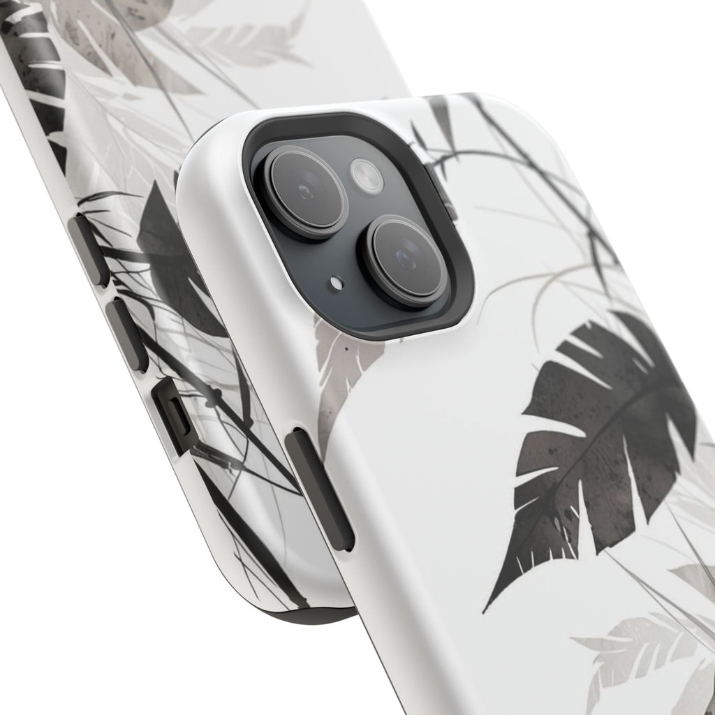 Tropical Monstera Magnetic Impact Phone Case — Black & White Leaf Design
