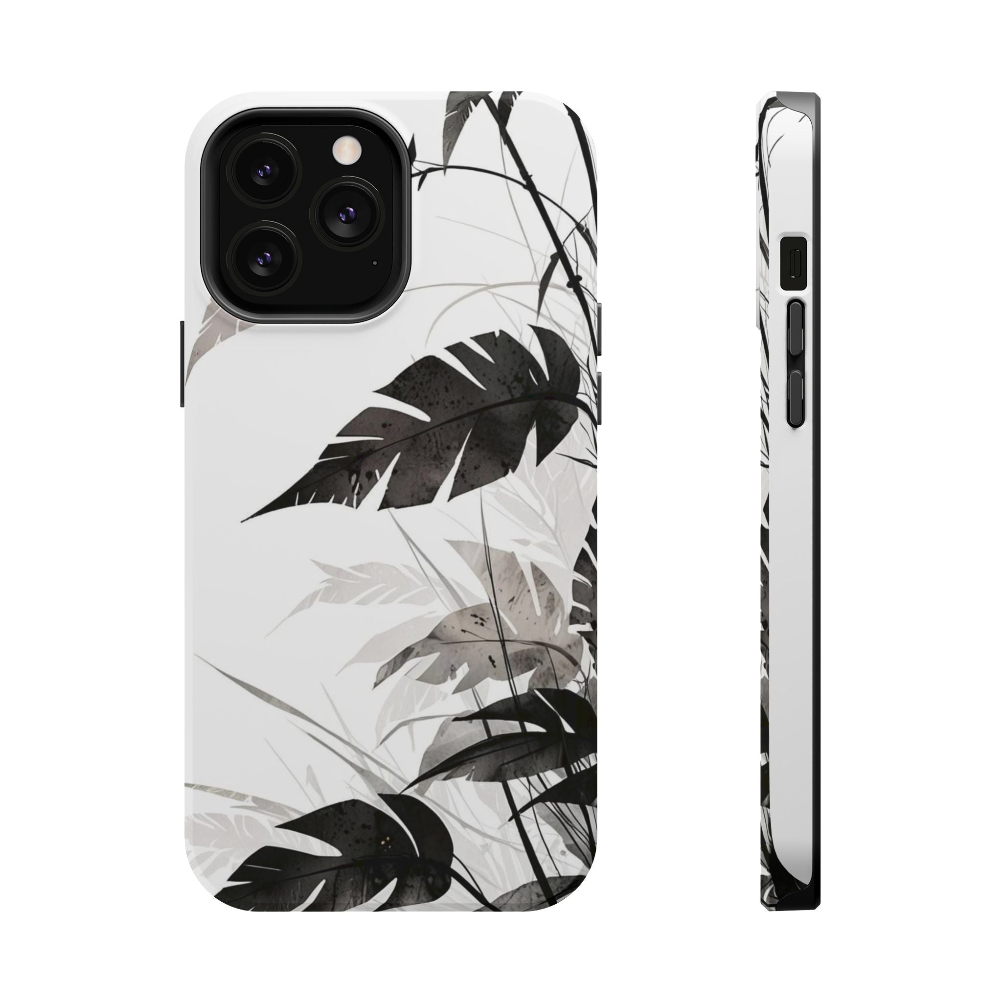 Tropical Monstera Magnetic Impact Phone Case — Black & White Leaf Design