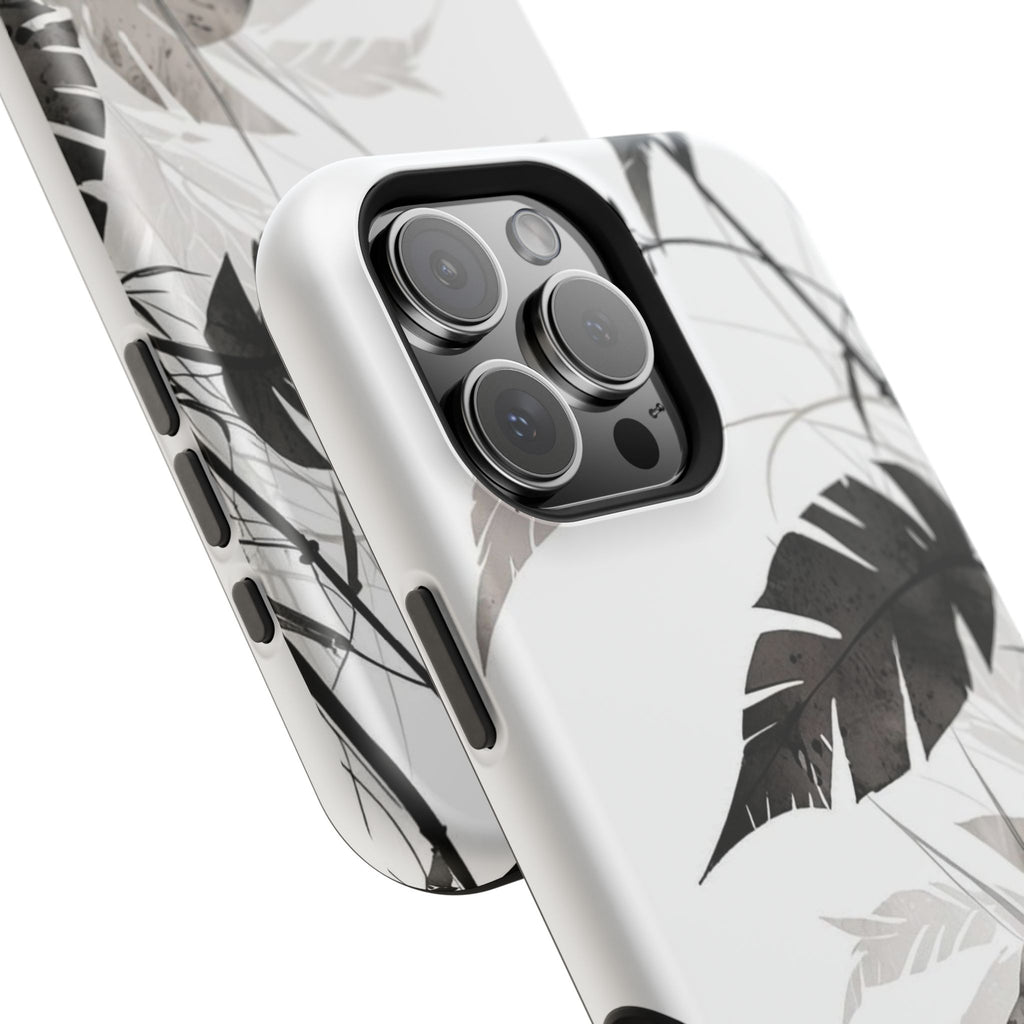 Tropical Monstera Magnetic Impact Phone Case — Black & White Leaf Design