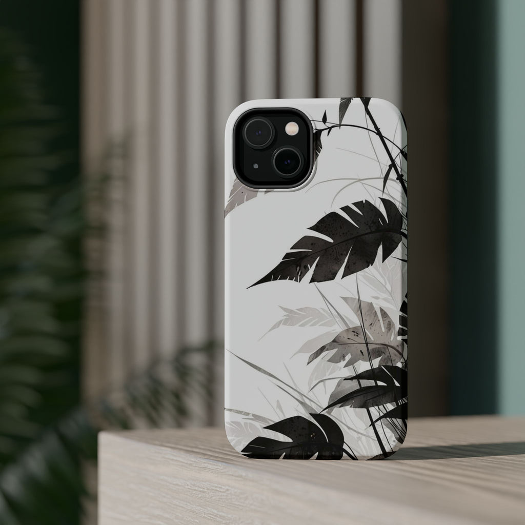 Tropical Monstera Magnetic Impact Phone Case — Black & White Leaf Design