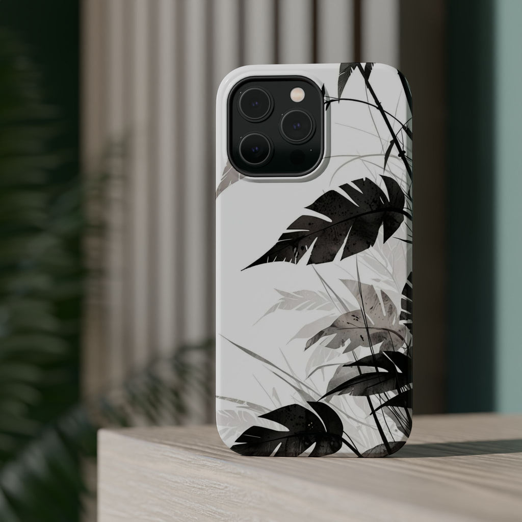 Tropical Monstera Magnetic Impact Phone Case — Black & White Leaf Design