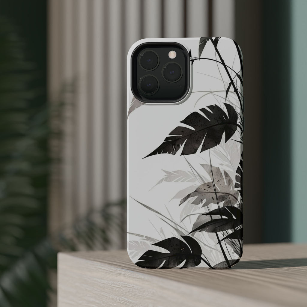 Tropical Monstera Magnetic Impact Phone Case — Black & White Leaf Design