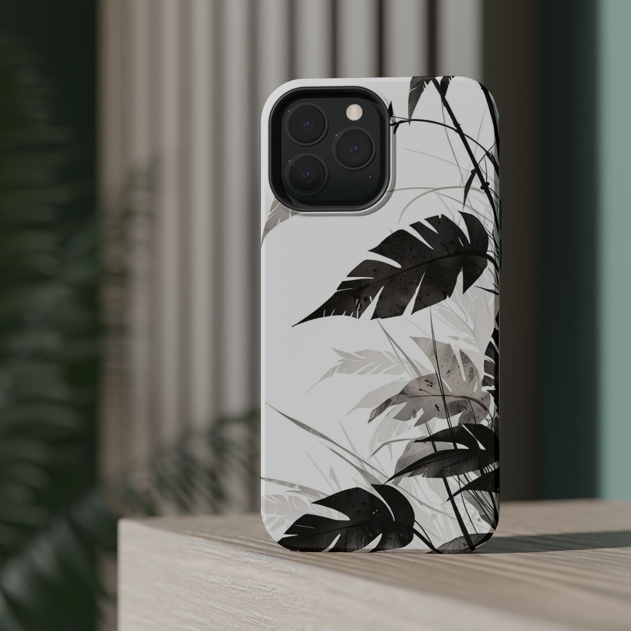 Tropical Monstera Magnetic Impact Phone Case — Black & White Leaf Design