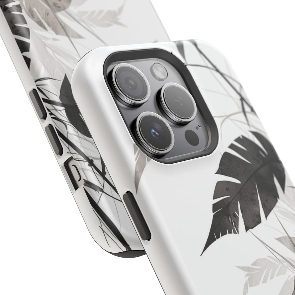 Tropical Monstera Magnetic Impact Phone Case — Black & White Leaf Design