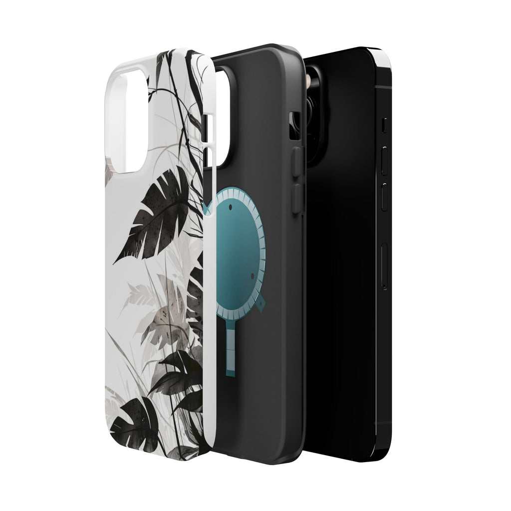 Tropical Monstera Magnetic Impact Phone Case — Black & White Leaf Design