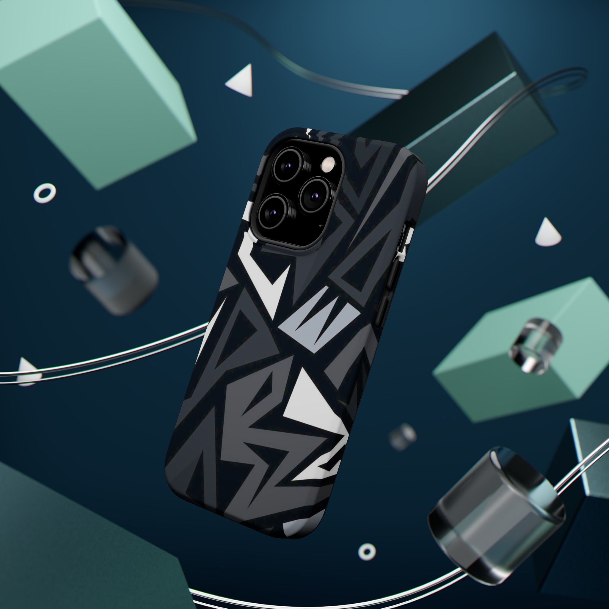 Impact-Resistant Magnetic Phone Case — Black & Gray Geometric Armor