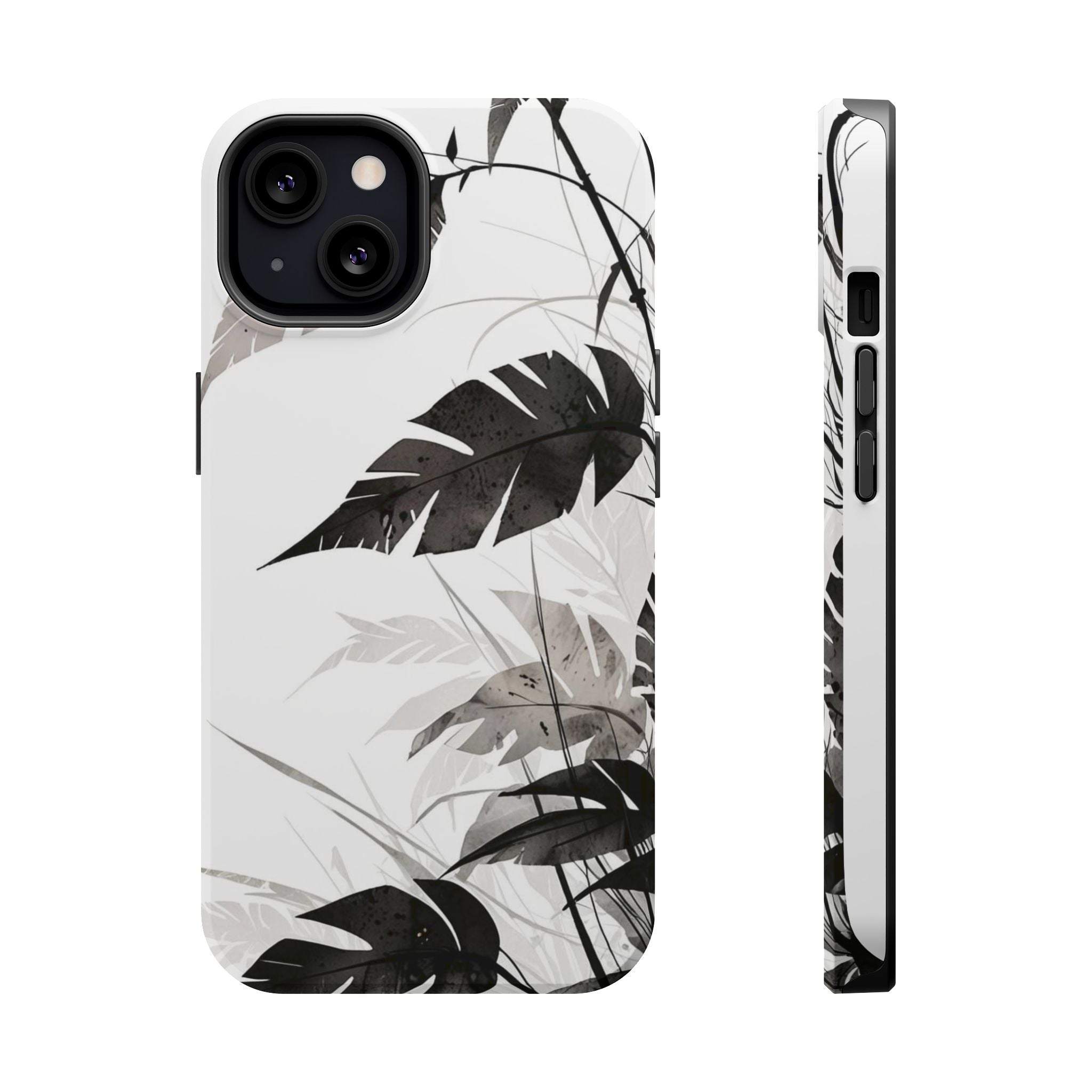 Tropical Monstera Magnetic Impact Phone Case — Black & White Leaf Design