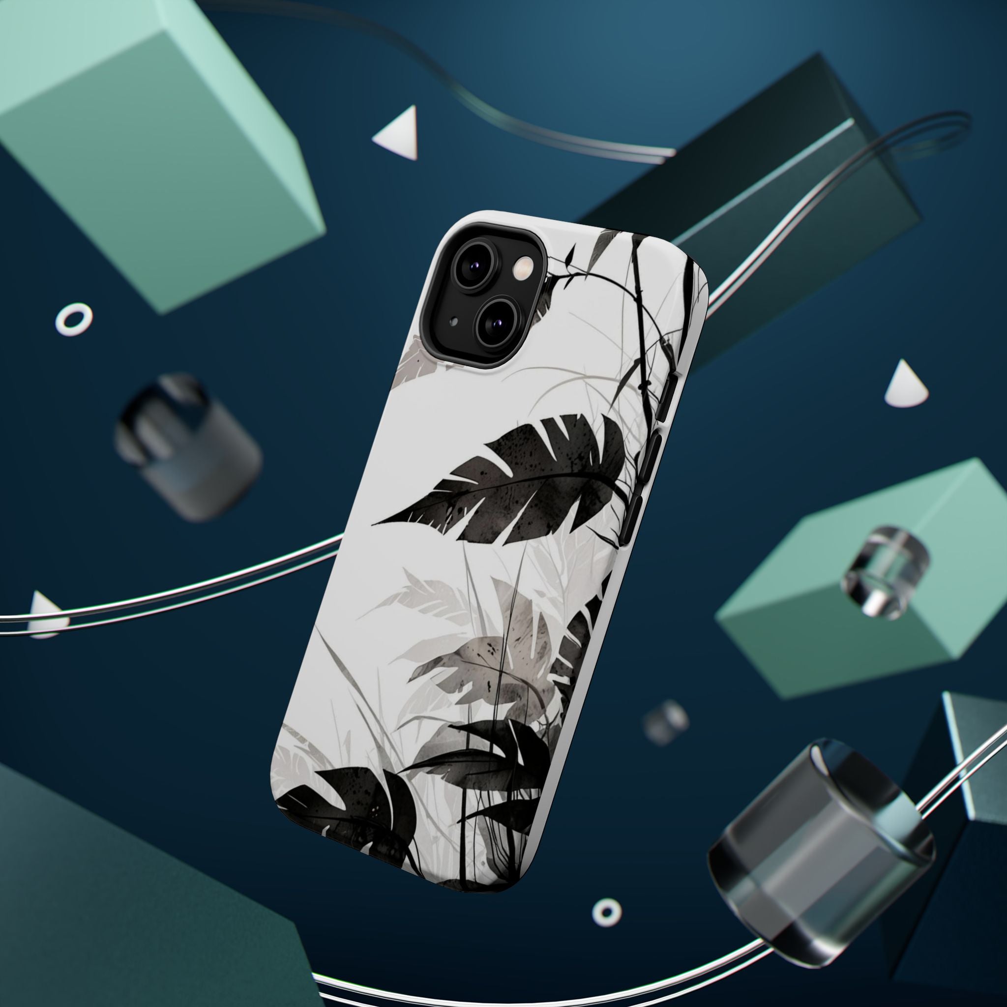 Tropical Monstera Magnetic Impact Phone Case — Black & White Leaf Design