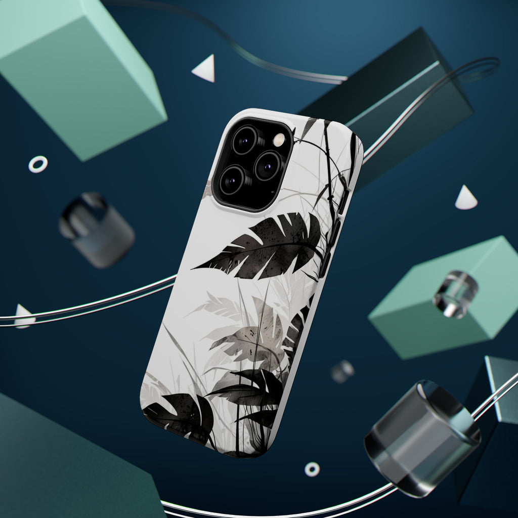 Tropical Monstera Magnetic Impact Phone Case — Black & White Leaf Design