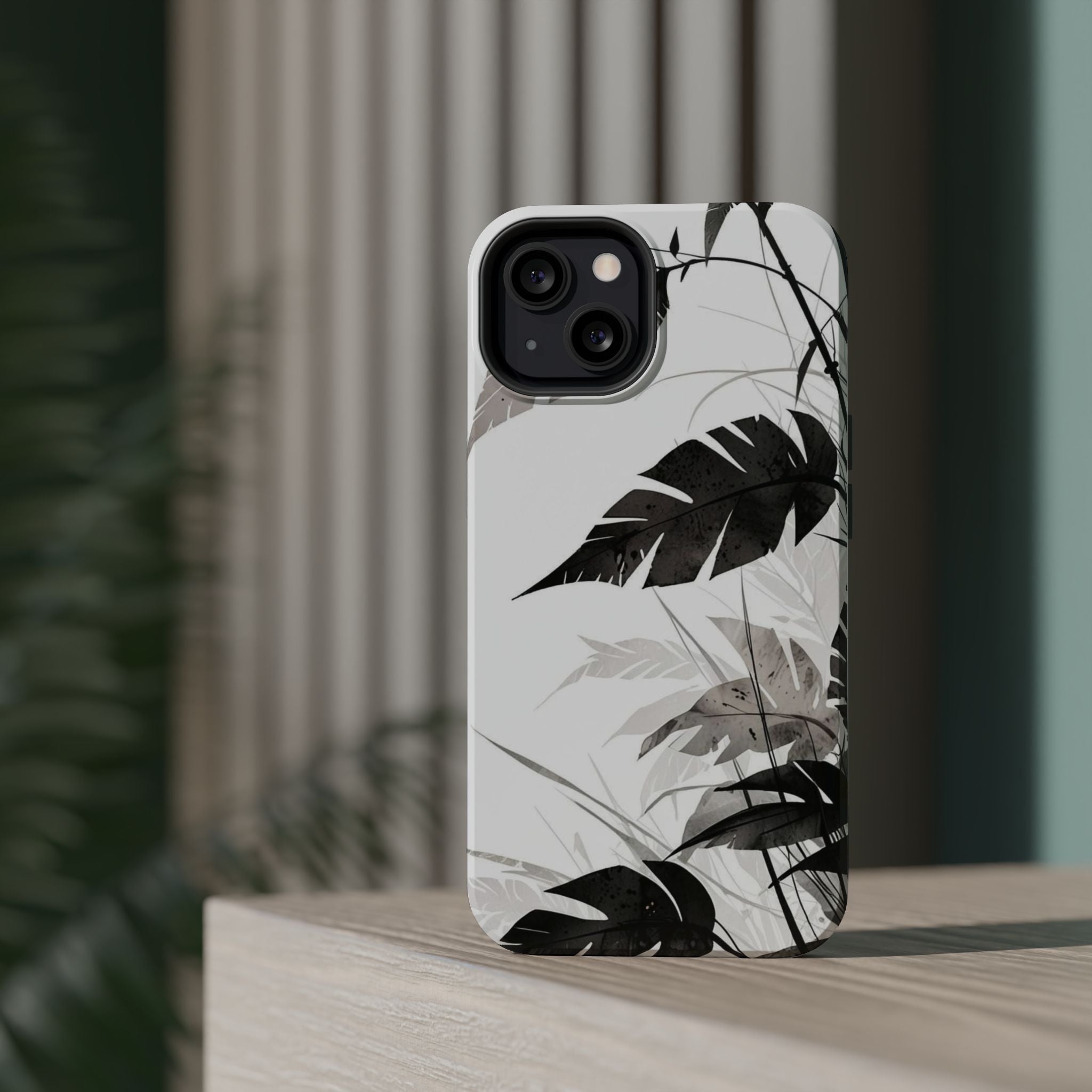 Tropical Monstera Magnetic Impact Phone Case — Black & White Leaf Design