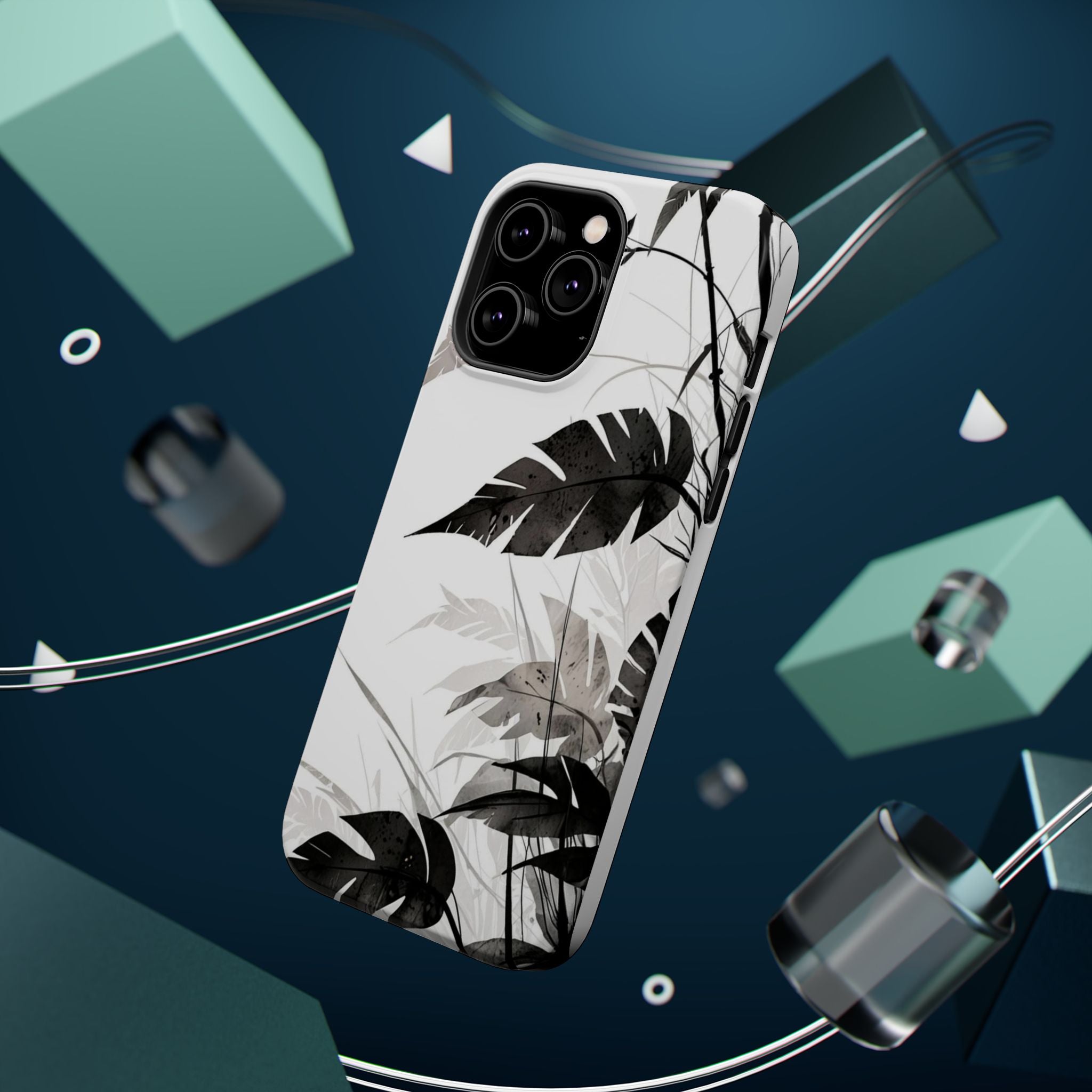 Tropical Monstera Magnetic Impact Phone Case — Black & White Leaf Design