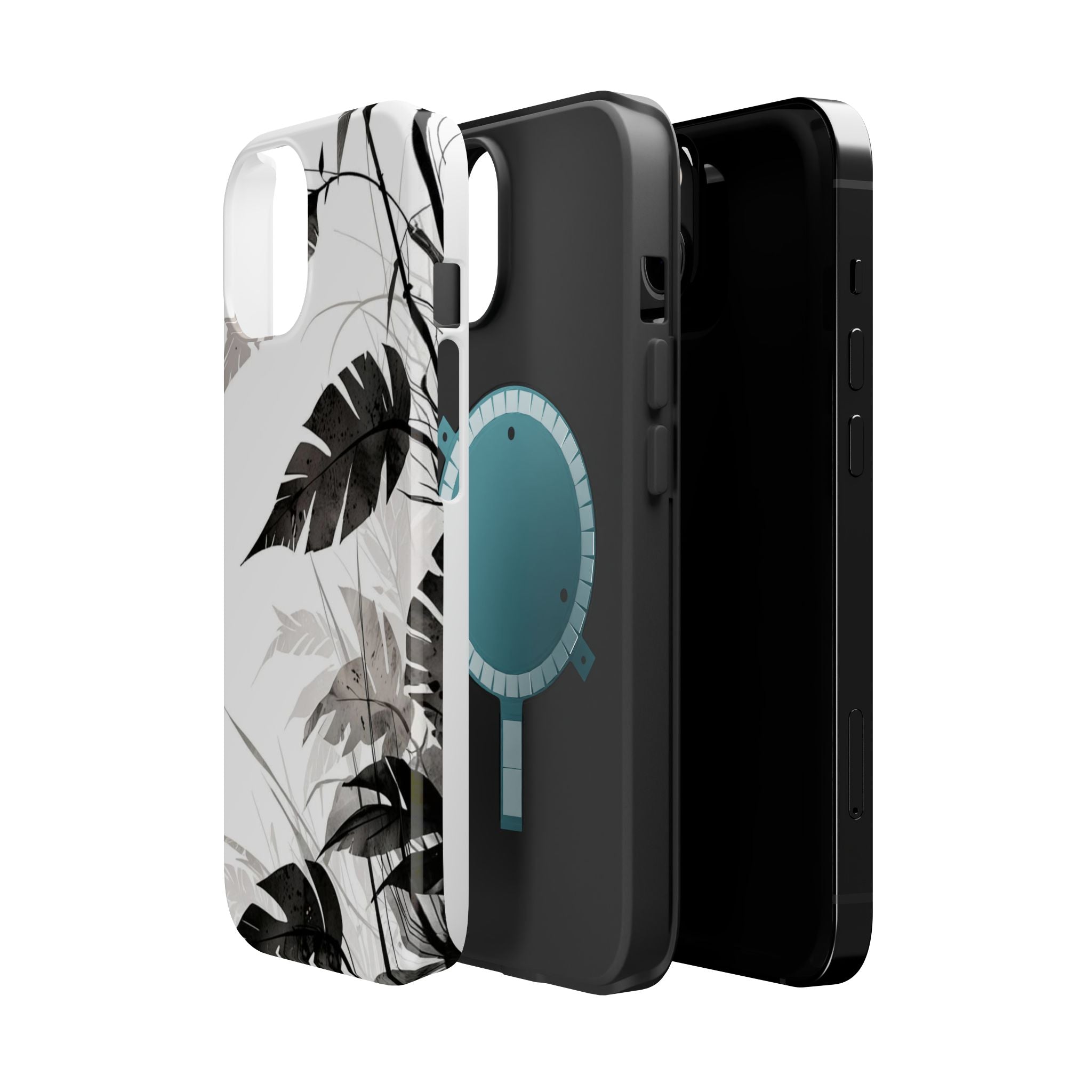Tropical Monstera Magnetic Impact Phone Case — Black & White Leaf Design