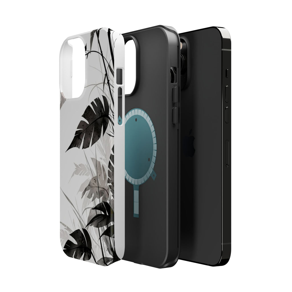 Tropical Monstera Magnetic Impact Phone Case — Black & White Leaf Design
